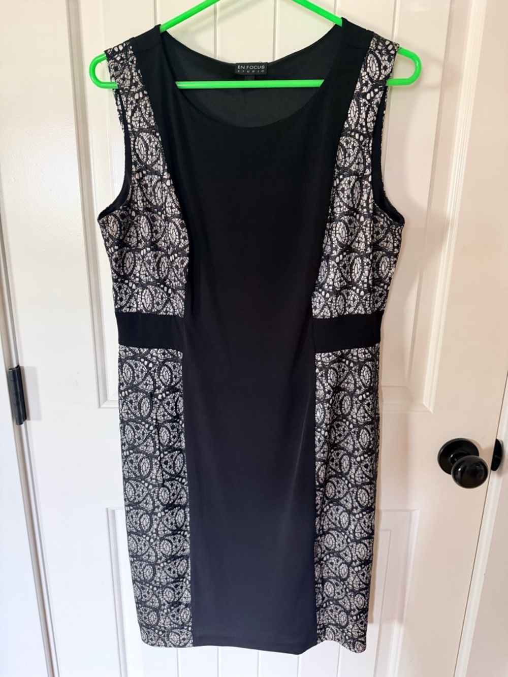 Enfocus Studio Black and White Paneled Midi Sheath Dress